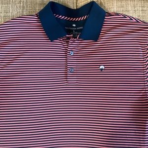 Southern shirt mens short sleeve polo. Striped light red and navy. Mens Large